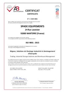 Certificat ISO 9001 : 2015 Spade Equipements